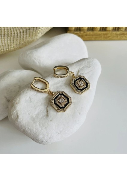 Siyah Mineli Gold Renkli Kare Küpe fiyatları