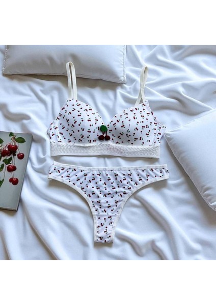 Kadın Iç Çamaşır Takımı Mesh Young Beyaz Kiraz Desenli Sabit Kap Askılı Sütyen ve Tanga fırsatları