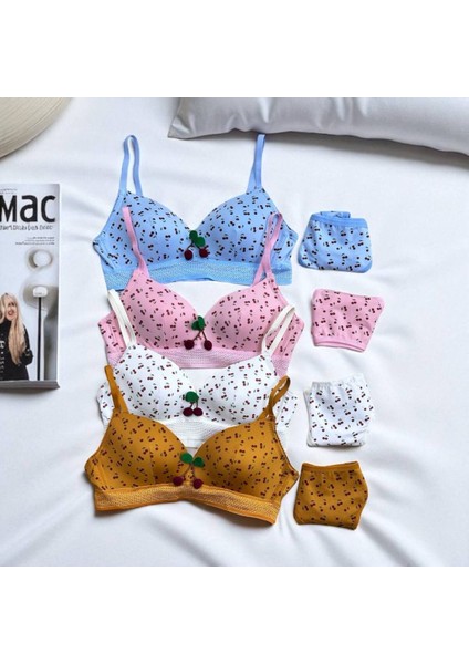 Kadın Iç Çamaşır Takımı Mesh Young Beyaz Kiraz Desenli Sabit Kap Askılı Sütyen ve Tanga indirimleri
