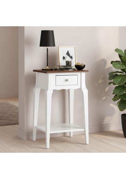 Masif Konik Beyaz Ceviz Raflı Yan Sehpa - Saksılık