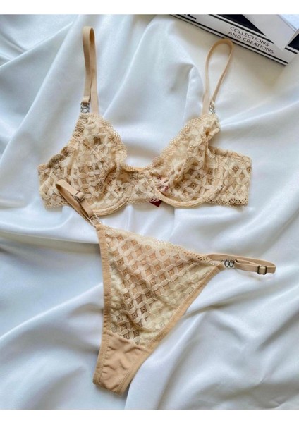 Kadın Iç Çamaşır Takımı Mesh Bej Çizgili Desenli Dantelli Kapsız Sütyen Esnek Askılı Bralet-Tanga