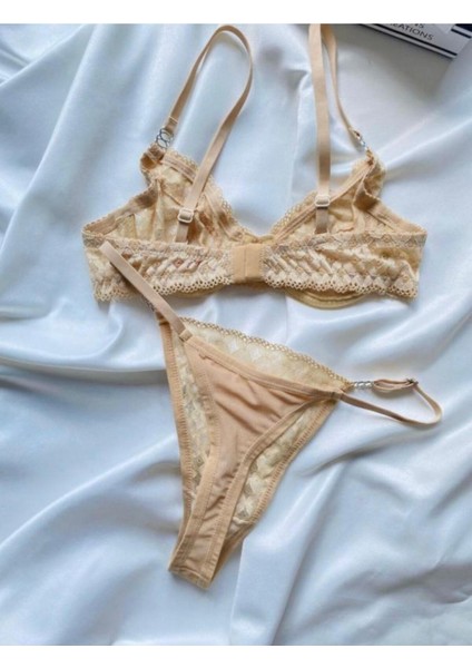 Kadın Iç Çamaşır Takımı Mesh Bej Çizgili Desenli Dantelli Kapsız Sütyen Esnek Askılı Bralet-Tanga fiyatları