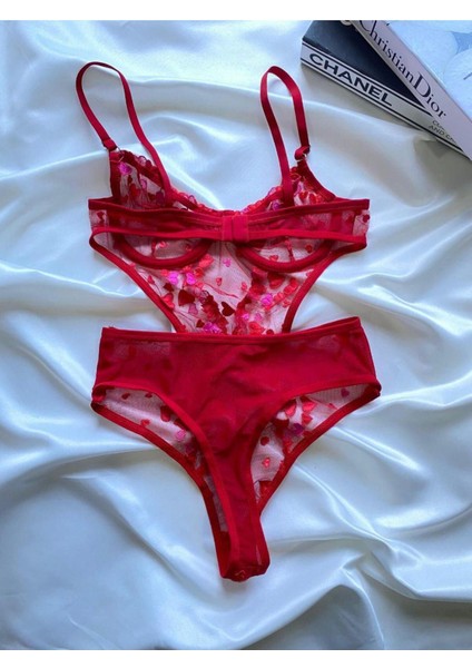Kadın Iç Çamaşır Takımı Glam Kırmızı Dantel Askılı Balenli Sütyen Takım Kalpli Bodysuit Bralet-Tanga fiyatları