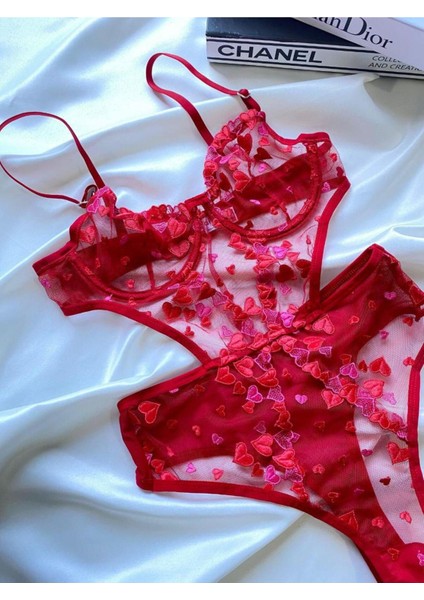 Kadın Iç Çamaşır Takımı Glam Kırmızı Dantel Askılı Balenli Sütyen Takım Kalpli Bodysuit Bralet-Tanga modelleri