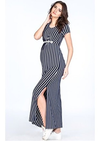 Hamile Çizgili Yanda Yırtmaçlı Elbise Günlük Kullanım İçin Şık Balık Silüeti