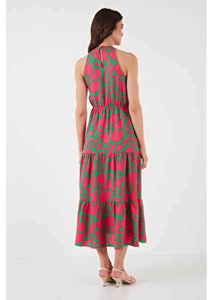 Elbise Kadın Midi Boy Halter Yaka Kolsuz Desenli Günlük Elbise