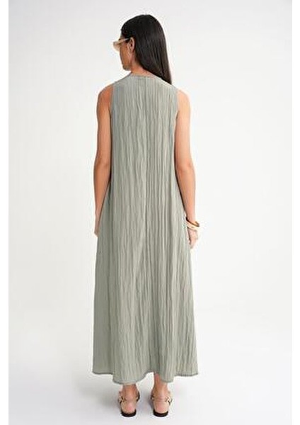 Kadın V Yaka Midi Elbise Klasik Stil Kolsuz Ön Pileli Çağla Renk