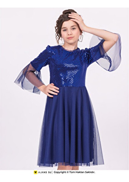 Kız Çocuk Mezuniyet Elbisesi Tüllü Kısakol Pul Detaylı Günlük Stil Beyaz