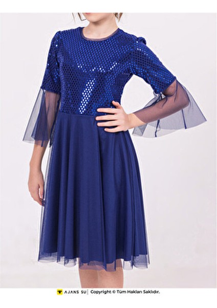 Kız Çocuk Mezuniyet Elbisesi Tüllü Kısakol Pul Detaylı Günlük Stil Beyaz