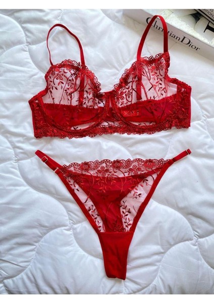 Kadın Iç Çamaşır Takımı Glam Kırmızı Askılı Dantelli Çiçekli Balenli Sütyen Takımı Bralet ve Tanga indirimleri