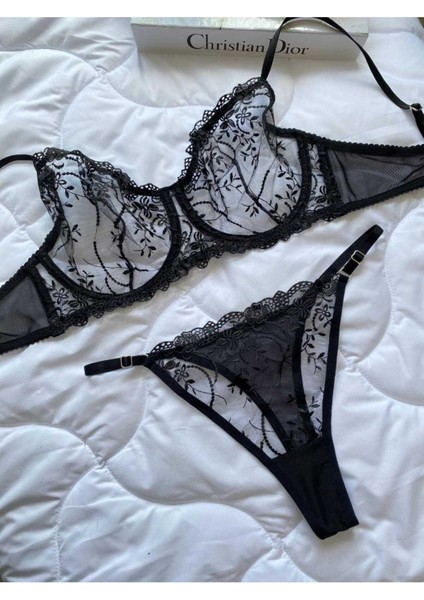 Kadın Iç Çamaşır Takımı Glam Siyah Askılı Dantelli Çiçekli Balenli Sütyen Takımı Bralet ve Tanga fiyatları