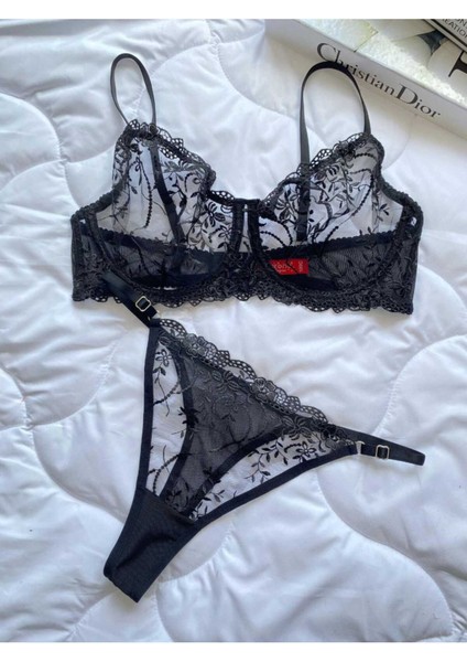 Kadın Iç Çamaşır Takımı Glam Siyah Askılı Dantelli Çiçekli Balenli Sütyen Takımı Bralet ve Tanga fırsatları