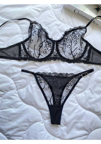 Kadın Iç Çamaşır Takımı Glam Siyah Askılı Dantelli Çiçekli Balenli Sütyen Takımı Bralet ve Tanga