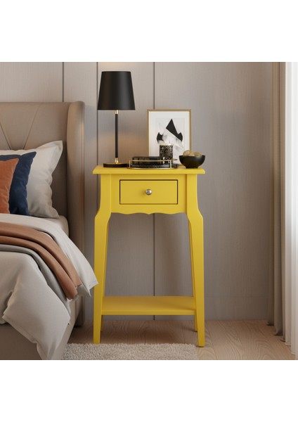 Masif Konik Sarı Raflı Komodin - Mini Dresuar