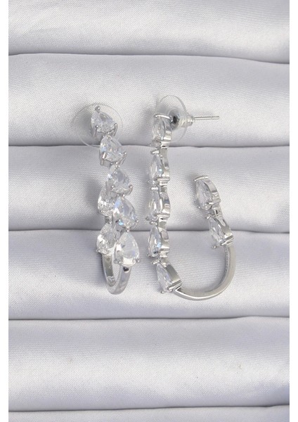 Pirinç Gümüş Renk Damla Zirkon Taş Tasarımlı Küpe