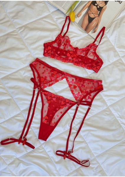 Kadın Iç Çamaşır Jartiyer Takımı Party Kırmızı Balensiz Bralet Şık Fantezi Dantelli Tanga ve Sütyen fiyatları