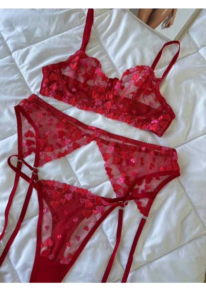 Kadın Iç Çamaşır Jartiyer Takımı Party Kırmızı Balensiz Bralet Şık Fantezi Dantelli Tanga ve Sütyen modelleri