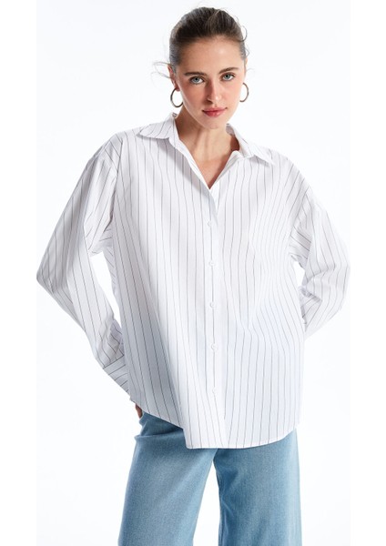 Yeni Sezon Çizgili Uzun Kollu Oversize Kadın Gömlek