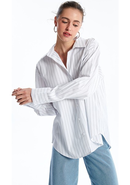 Yeni Sezon Çizgili Uzun Kollu Oversize Kadın Gömlek fırsatları