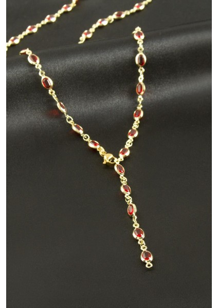 Xmpdby Oval Zirkon Taşlı Çelik Y Kolye-Kırmızı fiyatları