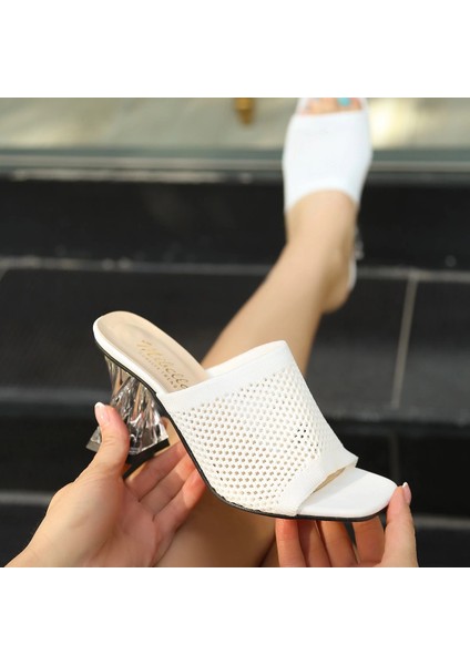 Xmpdby Akva Beyaz Triko Şeffaf Topuklu Terlik (Numara: 38) indirimleri