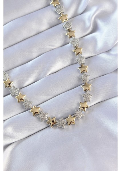 Vip Seri Pirinç Çift Renk Zirkon Taşlı Yıldız Tasarımlı Kolye