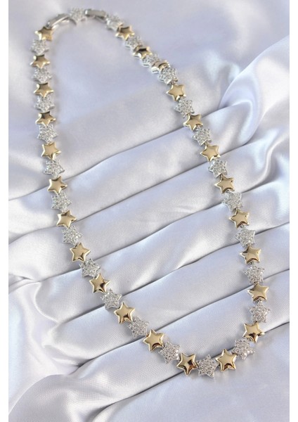 Vip Seri Pirinç Çift Renk Zirkon Taşlı Yıldız Tasarımlı Kolye fiyatları