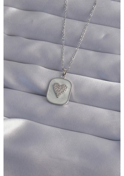 316L Çelik Zincir Mermer Desenli Gümüş Renk Zirkon Taşlı Kalp Model Kolye