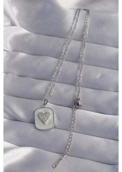 316L Çelik Zincir Mermer Desenli Gümüş Renk Zirkon Taşlı Kalp Model Kolye fiyatları