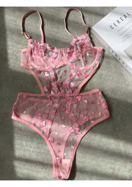 Kadın Iç Çamaşır Takımı Brode Şık Gecelik Kalp Desenli Sütyen Pembe Dantelli Bodysuit Bralet-Tanga