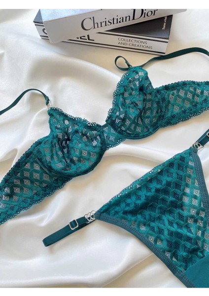 Kadın Iç Çamaşır Takımı Mesh Çizgili Desenli Dantelli Balenli Sütyen Askılı Bralet ve Tanga Yeşil fırsatları