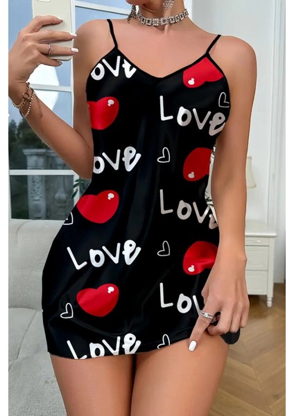 Love Desenli Siyah Saten Gecelik