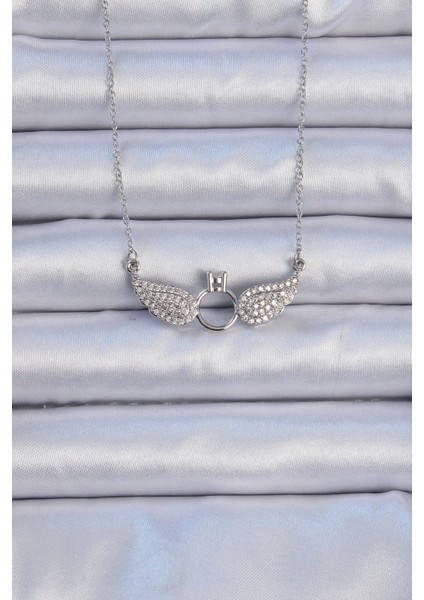 316L Çelik Zincir Gümüş Renk Kanatlı Tektaş Kolye