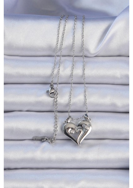 316L Çelik Zincir Gümüş Renk Zirkon Taşlı Mıknatıslı Kalp Kolye modelleri