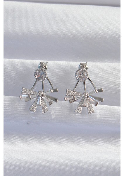 Pirinç Gümüş Renk Zirkon Taşlı Yassı Fiyonk Model Küpe fiyatları