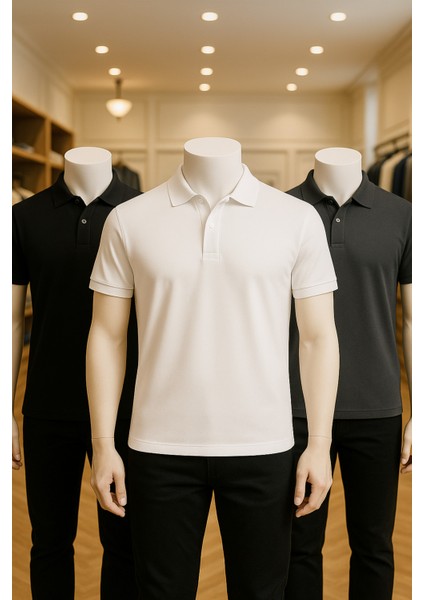 Erkek Giyim %100 Pamuklu Antrasit & Beyaz & Siyah 3 Adet Polo Yaka Tişört LL.DINC3LU.001