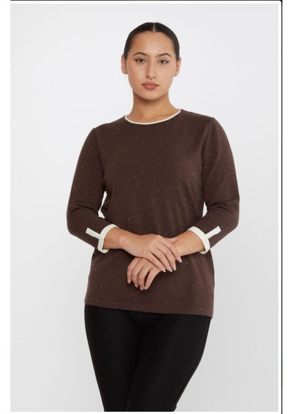 Kazee Kadın Kahve Simli Kol Detaylı Triko Kazak