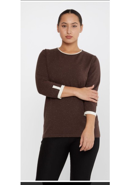 Kazee Kadın Kahve Simli Kol Detaylı Triko Kazak fiyatları