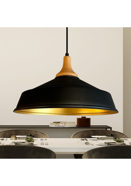 Siyah Asaletli Ahşap Ters Mantar Kafa Tekli Avize Retro Sarkıt Ofis Showroom Salon Mutfak Avizeleri