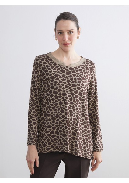 Yeni Sezon Bisiklet Yaka Leopar Desenli Kadın Tişört
