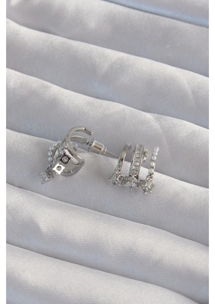 Pirinç Gümüş Renk Incili Çoklu Zirkon Taşlı Yarım Halka Küpe fiyatları