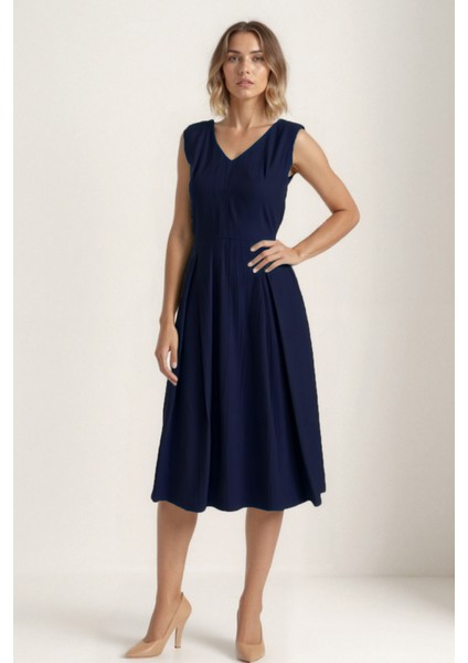 V Yaka Kuşaklı Krinkıl Kumaş Midi Elbise