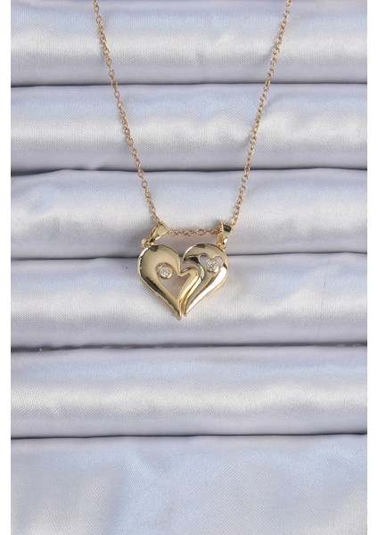 316L Çelik Zincir Altın Renk Zirkon Taşlı Mıknatıslı Kalp Kolye