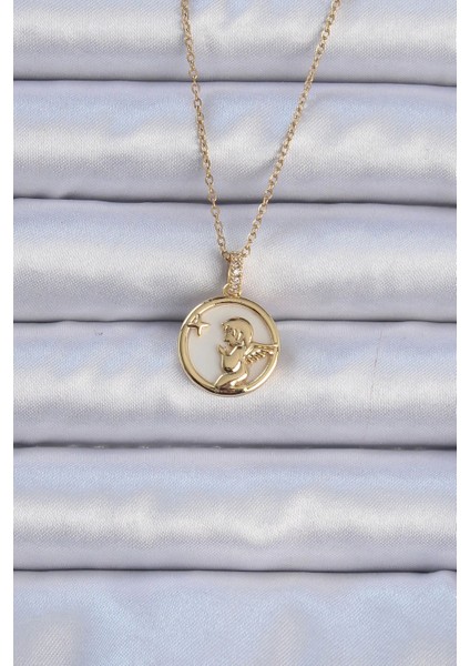 316L Çelik Zincir Altın Renk Zirkon Taşlı Mineli Melek Kolye