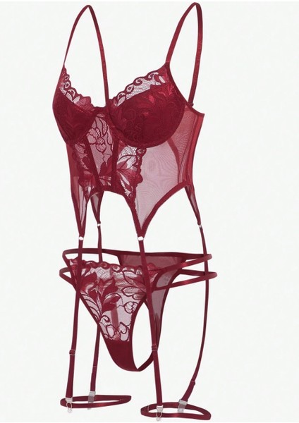Venüsshopping- Bordo Babydoll Iç Giyim Seti Bustiyer ,külot , Bacak Bantları indirimleri