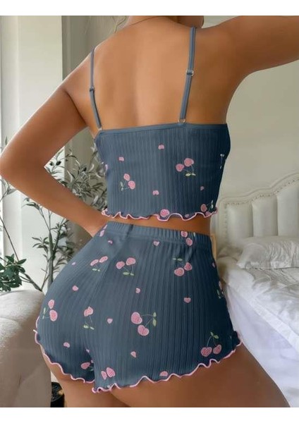 Venüsshopping- Mavi Kiraz Desenli Askılı Şortlu Pijama Takımı fiyatları