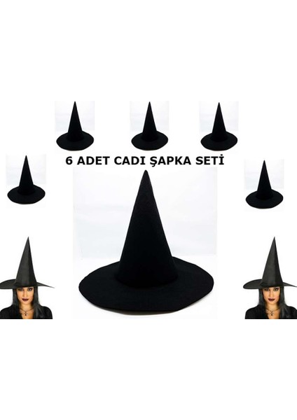 Siyah Cadı Şapkası Keçe Yetişkin Boy 6 Adet