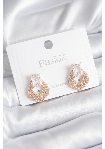 Pirinç Gold Renk Zirkon Taşlı Kadın Küpe - TJ-BKP8393