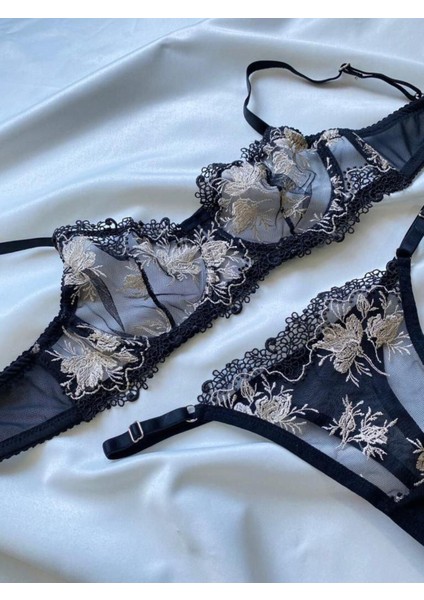 Kadın Iç Çamaşır Takımı Altın Brode Çiçek Desenli Bralet Balenli Dantelli Askılı Sütyen ve Tanga
