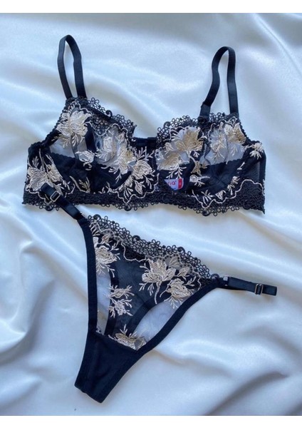 Kadın Iç Çamaşır Takımı Altın Brode Çiçek Desenli Bralet Balenli Dantelli Askılı Sütyen ve Tanga fiyatları